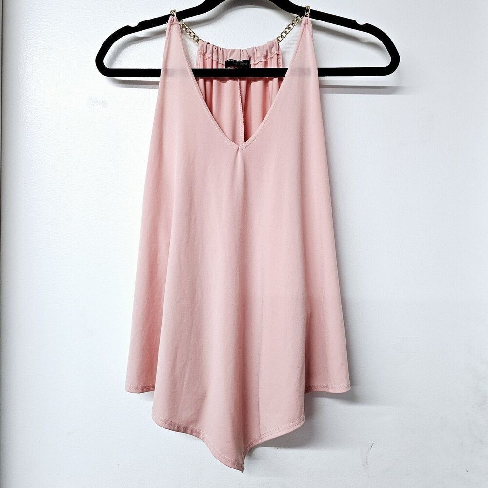FIRST LOVE Blush Pink Chain Halter Neck Flowy Asymmetric Woman Shirt Top (M)